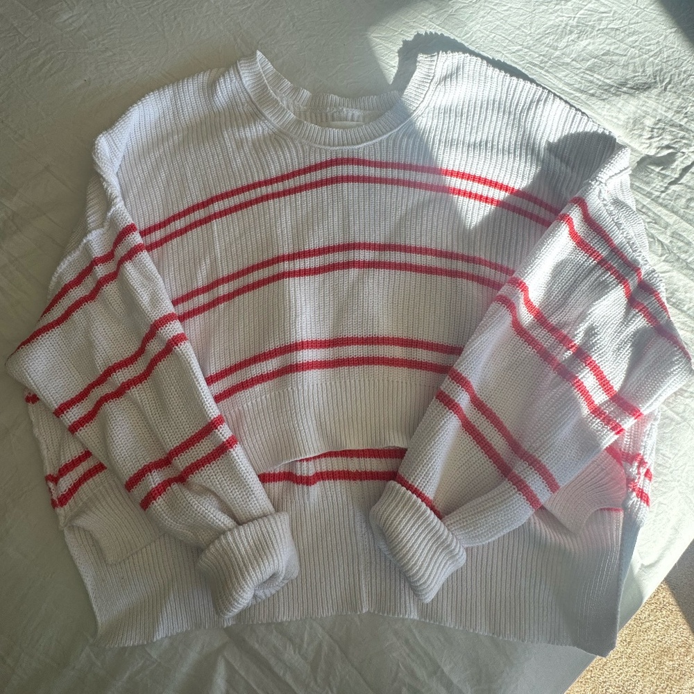 Aerie Oversized White and Pink Stripe Sweater